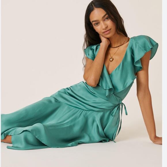 Anthropologie Green Satin Ruffle Wrap Coquette Feminine Midi Maxi Dress XXS NWT - Picture 1 of 12